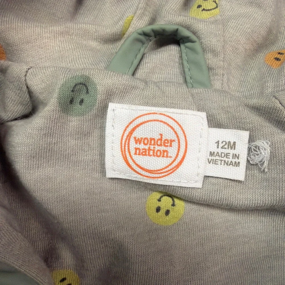 Wonder Nation Baby Raincoat Sage Green Hooded Smiley Face Lining 12M Rain Jacket